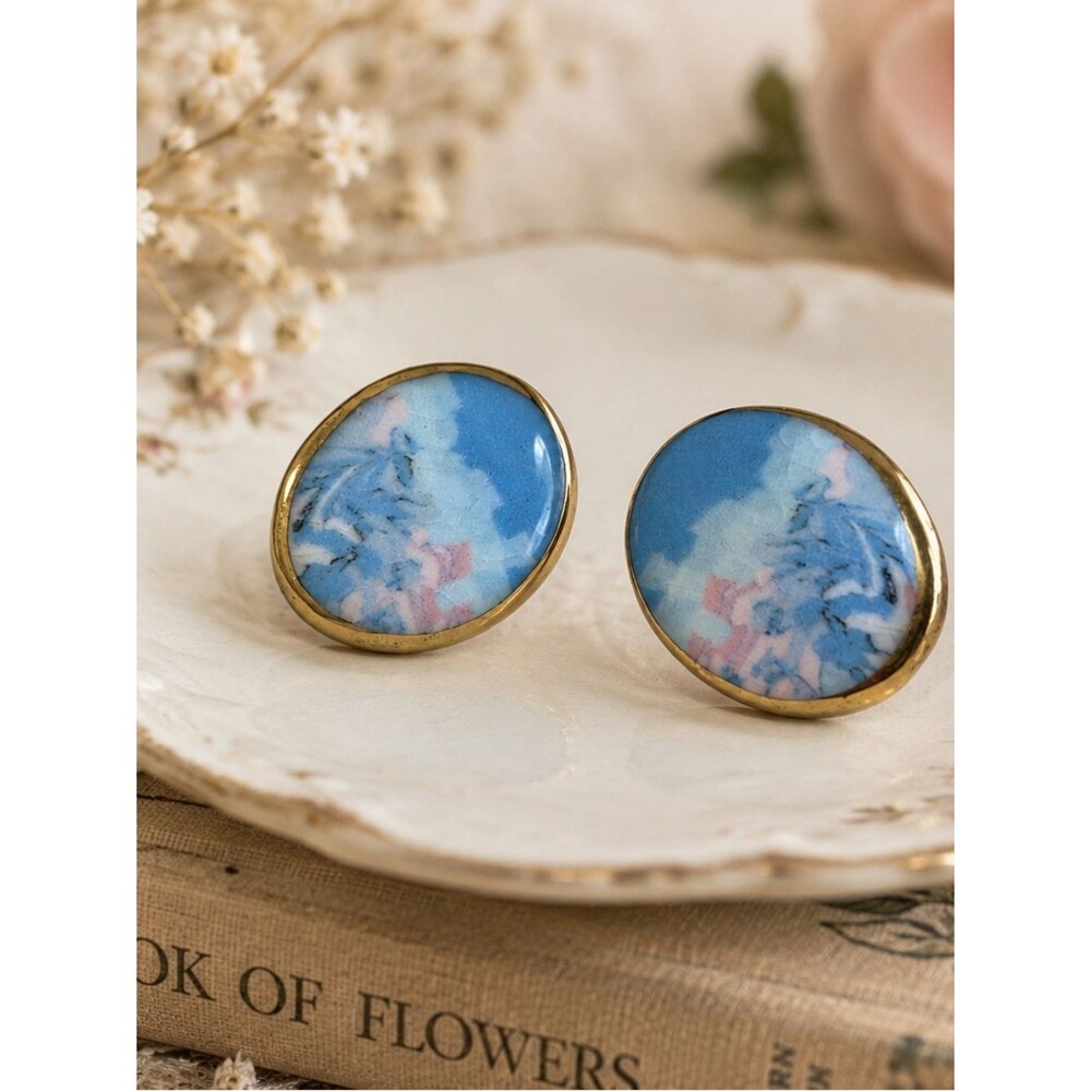 Vintage Cottagecore Floral Earrings Blue Pink Gold Tone Shabby Chic Romantic
